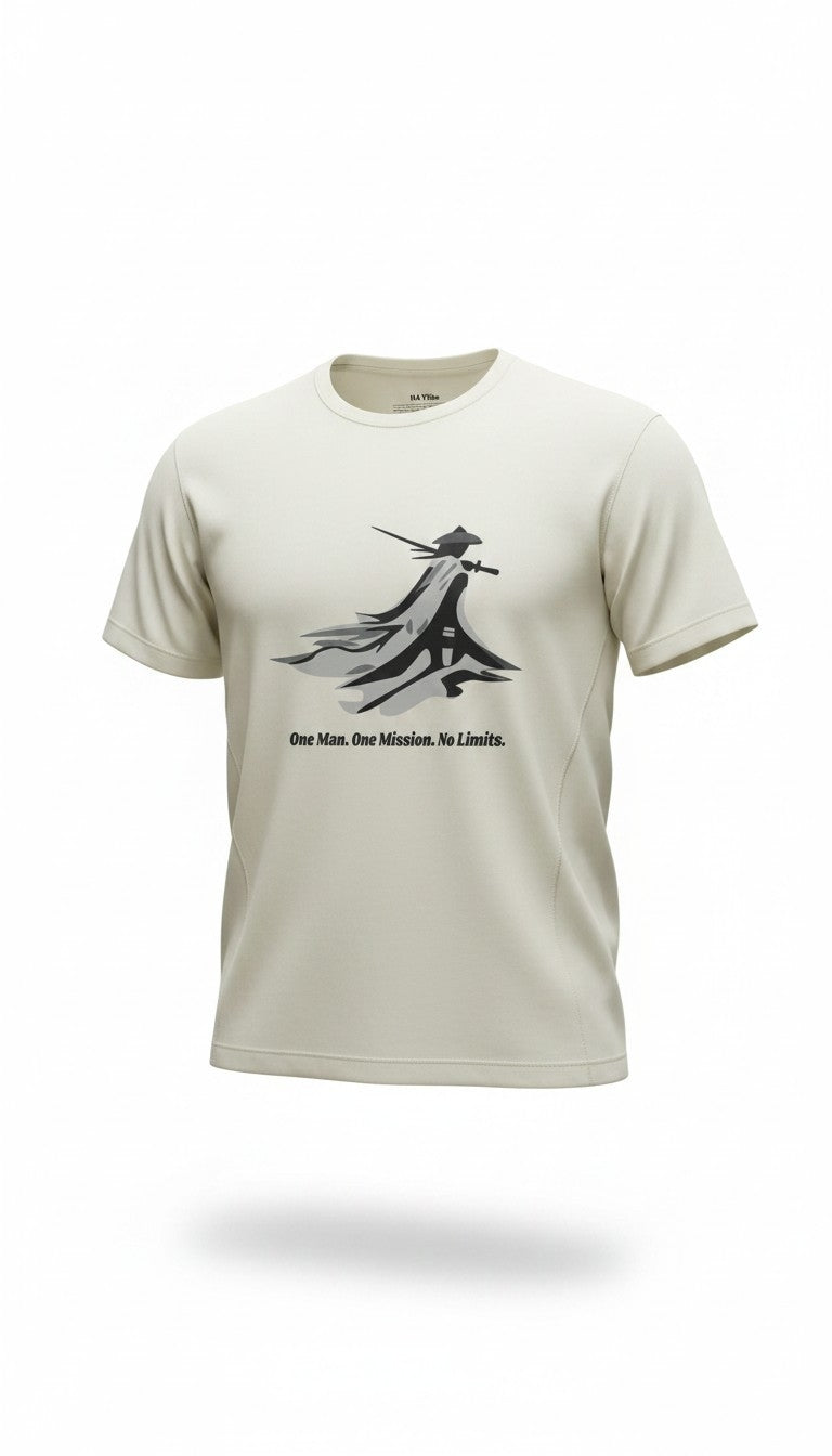 One Man. One Mission. No Limits" – Samurai Warrior Graphic T-Shirt | Men's Beige Motivational Tee