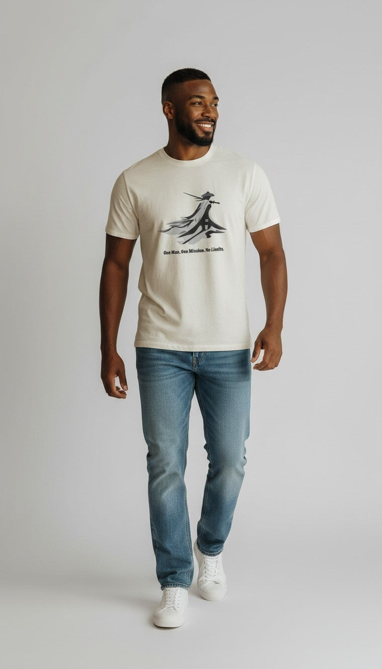 One Man. One Mission. No Limits" – Samurai Warrior Graphic T-Shirt | Men's Beige Motivational Tee