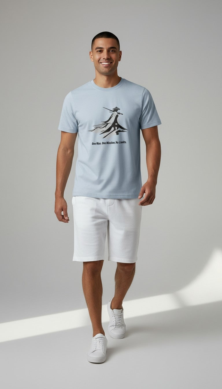 One Man. One Mission. No Limits" – Samurai Warrior Graphic T-Shirt | Men's Beige Motivational Tee